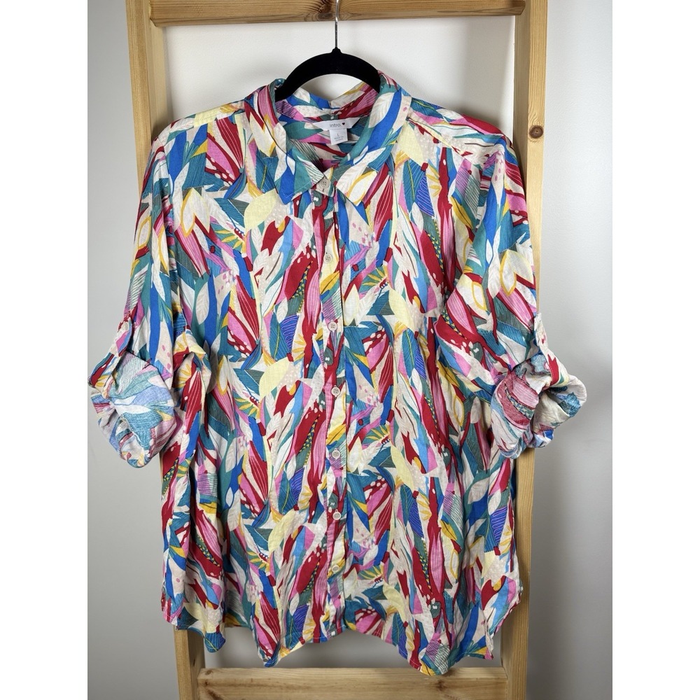 Intro❤️  Women's Top‎ Size Large Linen Blend Multi Color Roll Sleeves (B3)